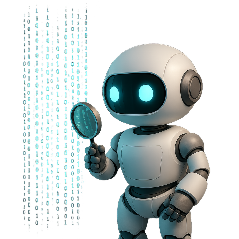 Friendly Robot Analyzing Code with Digital Symbols in Background png