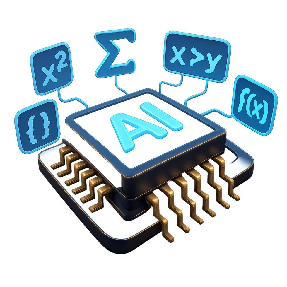 AI Chip Design in 3D with Symbols and Mathematical Functions png
