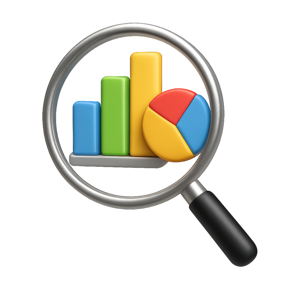 3D Chart Analysis with Magnifying Glass on Colorful Graph Elements png