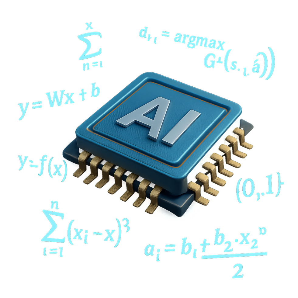 3D AI Chip with Mathematical Formulas for Technology Concepts png