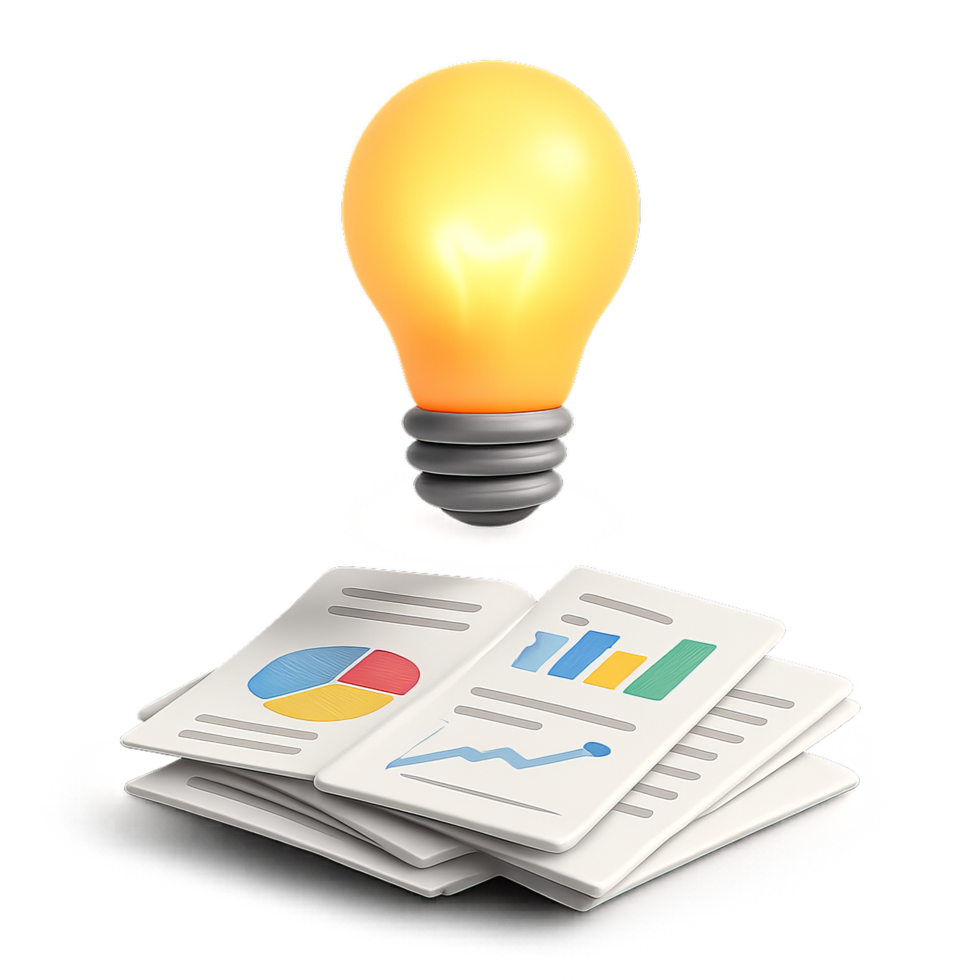 3D Light Bulb with Glow Above Business Documents and Charts png
