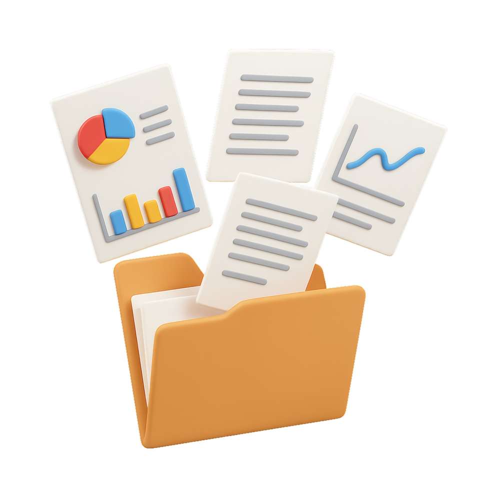 3D Illustration of Folder with Documents and Graphs for Research png