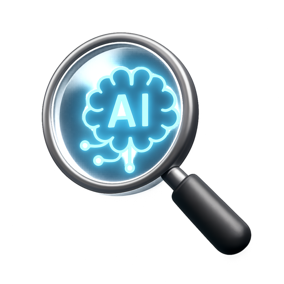Magnified AI Brain Concept with Magnifying Glass for Innovation png