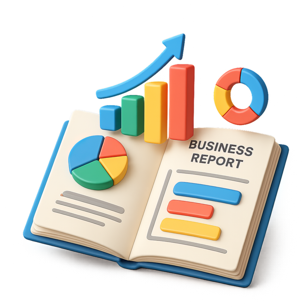 Dynamic 3D Illustration of Business Report with Charts and Graphs png