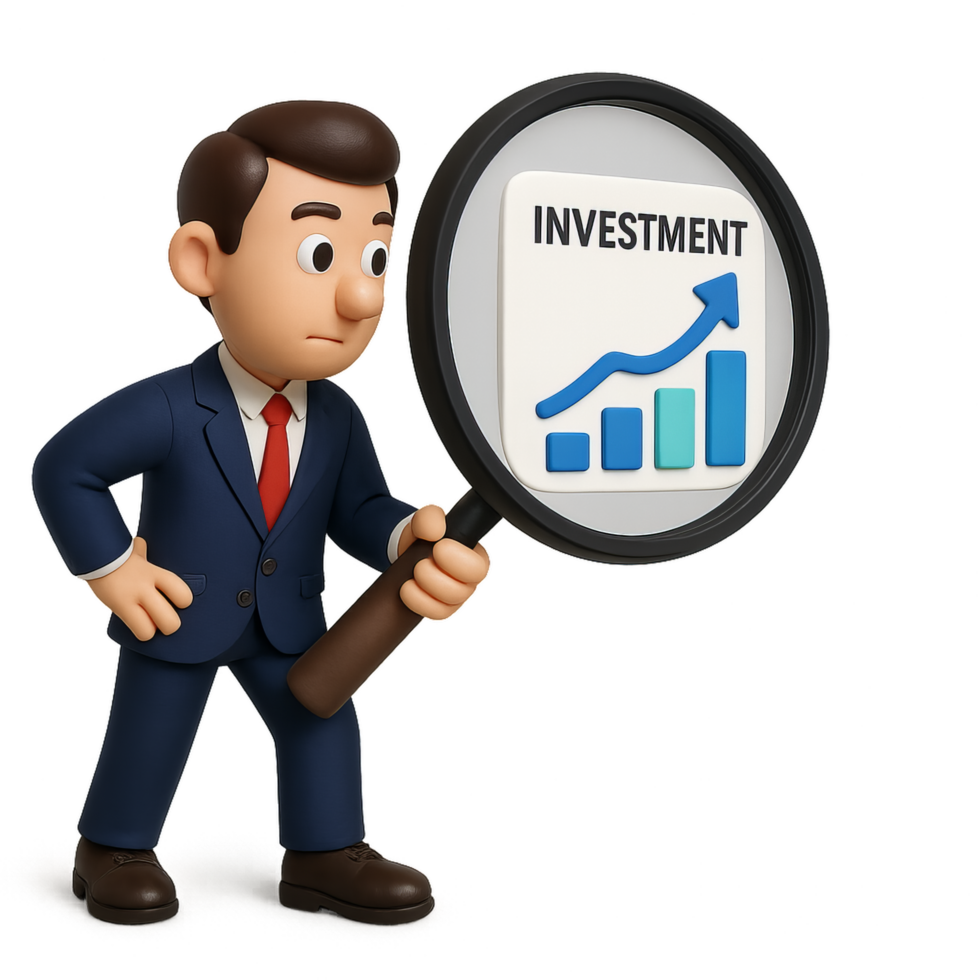Businessman Analyzing Investment Trends with Magnifying Glass png