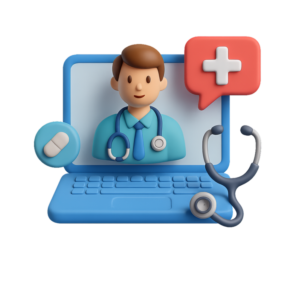 3D Concept of Telemedicine Featuring Doctor with Laptop and Icons png