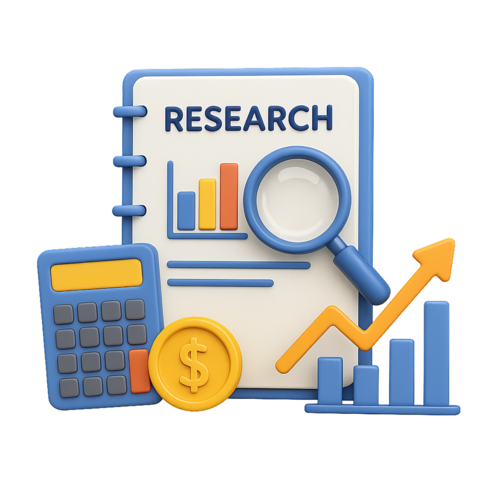 3D Financial Analysis with Calculator and Magnifying Glass Elements png