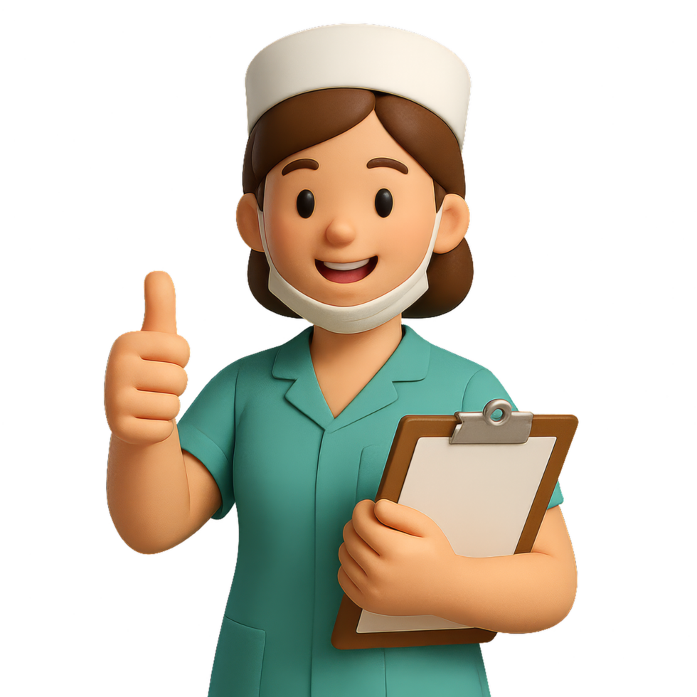 3D Cartoon Nurse Giving Thumbs Up with Clipboard and Smiling Face png