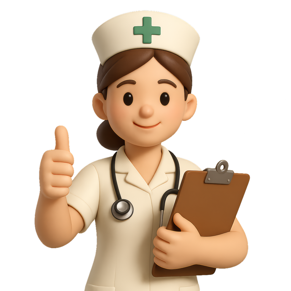 3D Cartoon Nurse Giving Thumbs Up with Medical Tools and Smile png