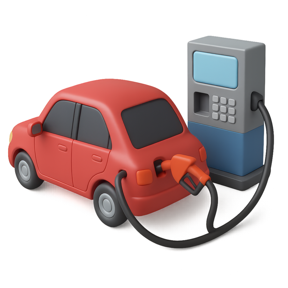 Cartoon 3D Car Refueling at Gas Station with Pump and Hose png