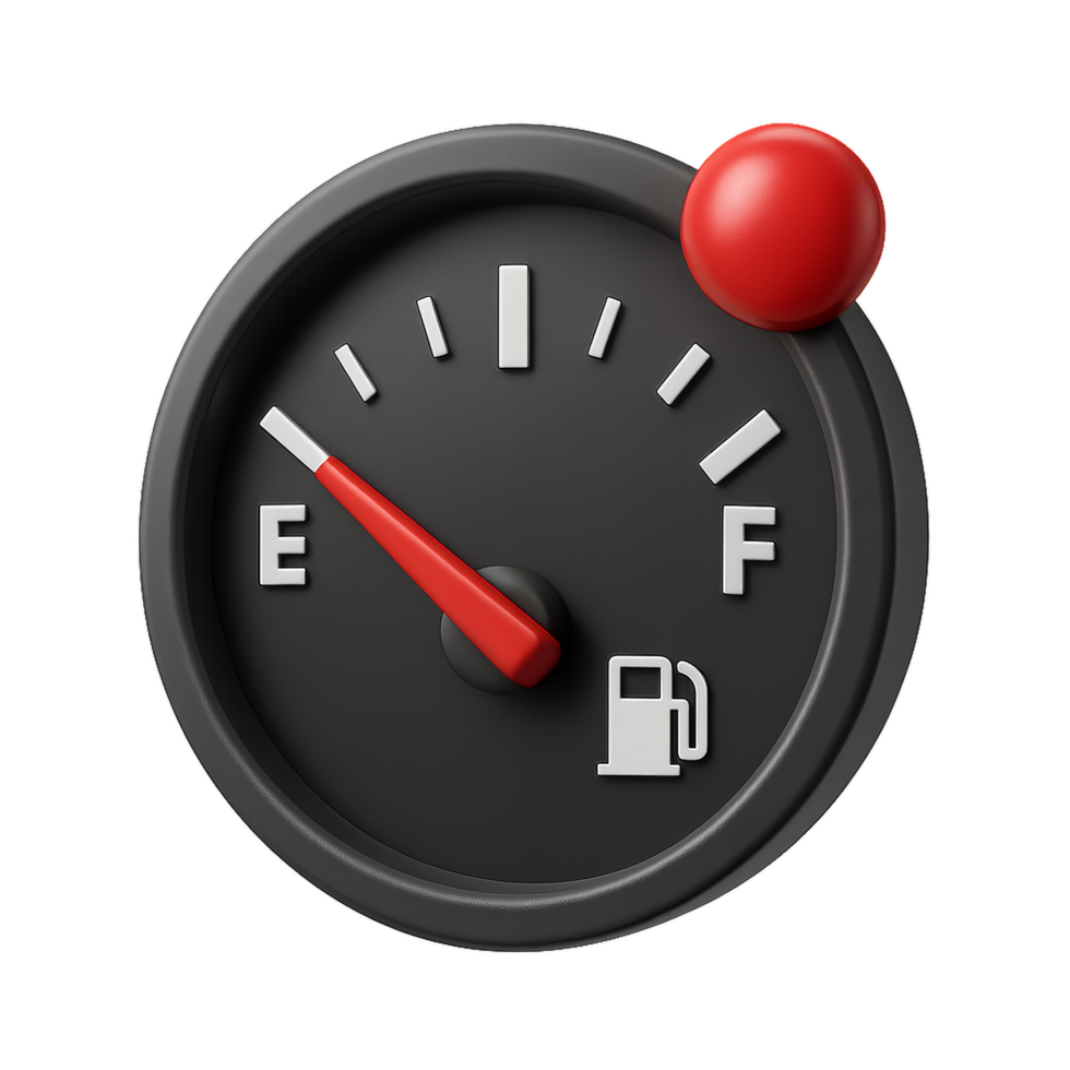 Simple Fuel Gauge Indicating Near Empty Status with Red Warning Light png