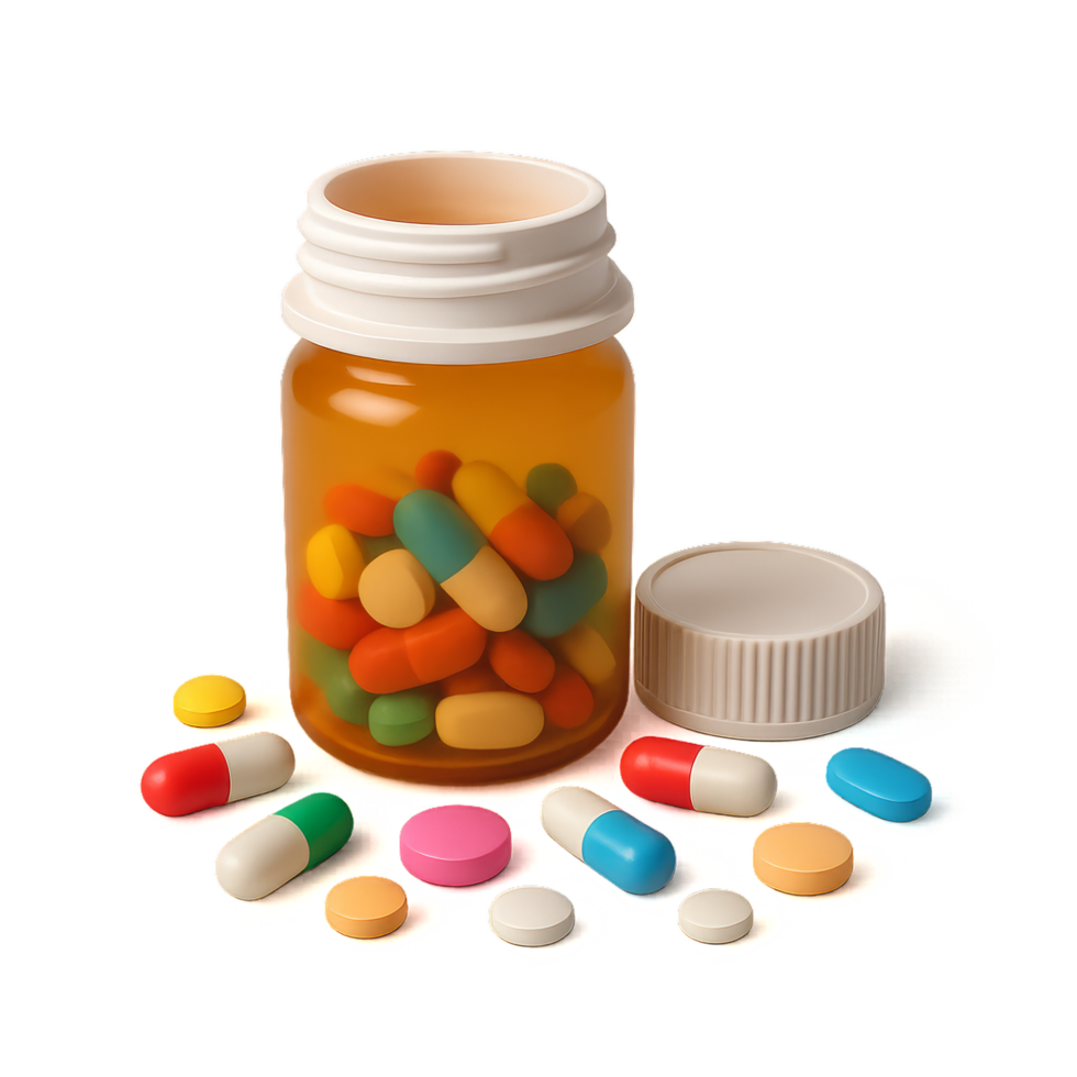 Colorful Pills Display in Open Bottle on White Background png