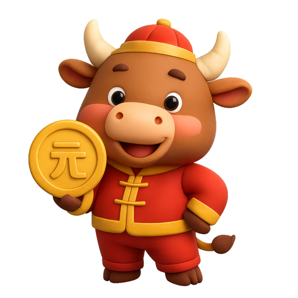 Festive Ox Character Holding a Coin in Traditional Attire png