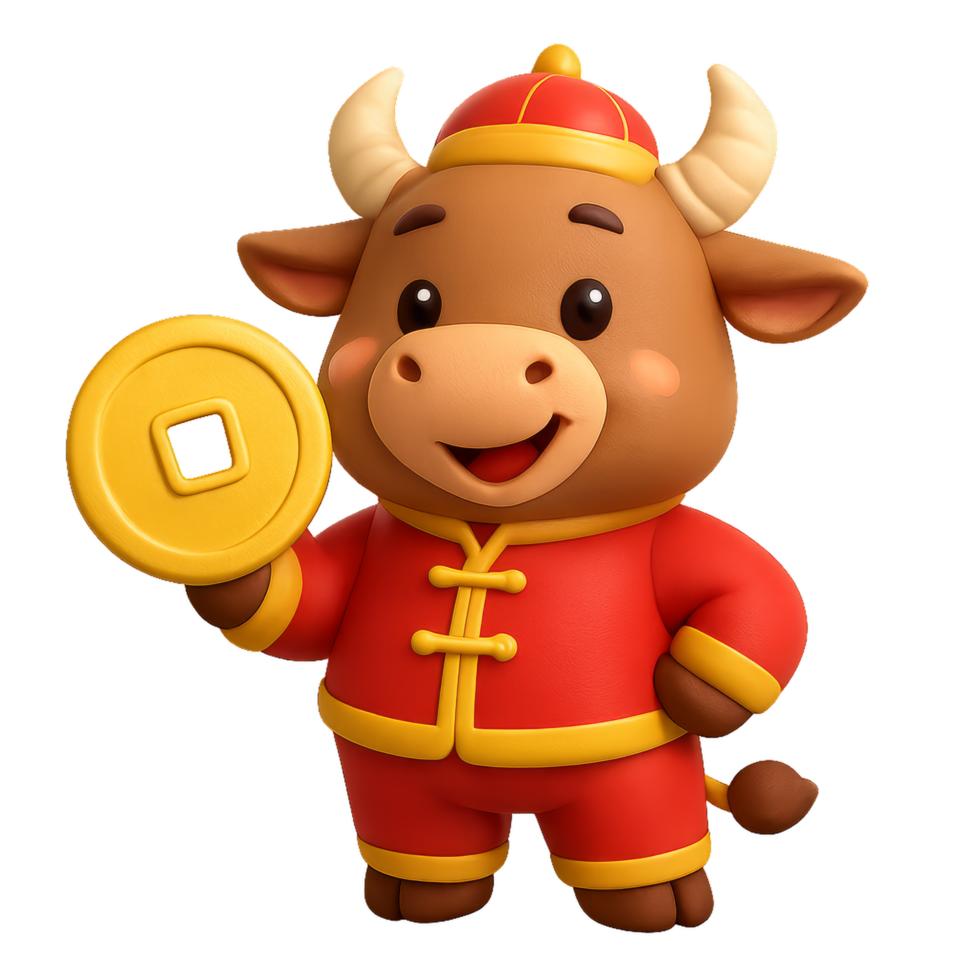 Festive Ox Character Holding a Lucky Coin for Celebrations png