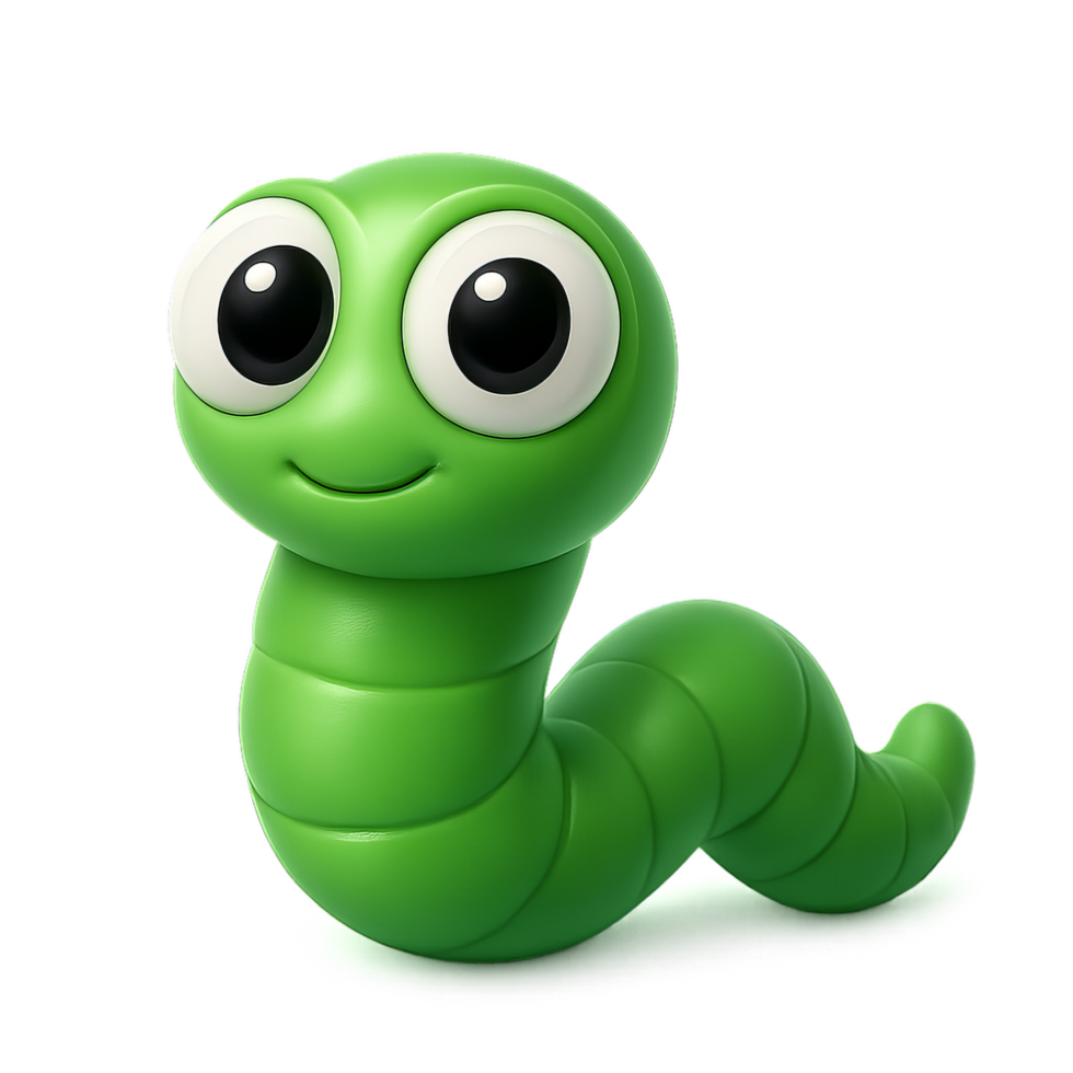 Cute 3D Green Worm Character with Big Eyes and Simple Design png