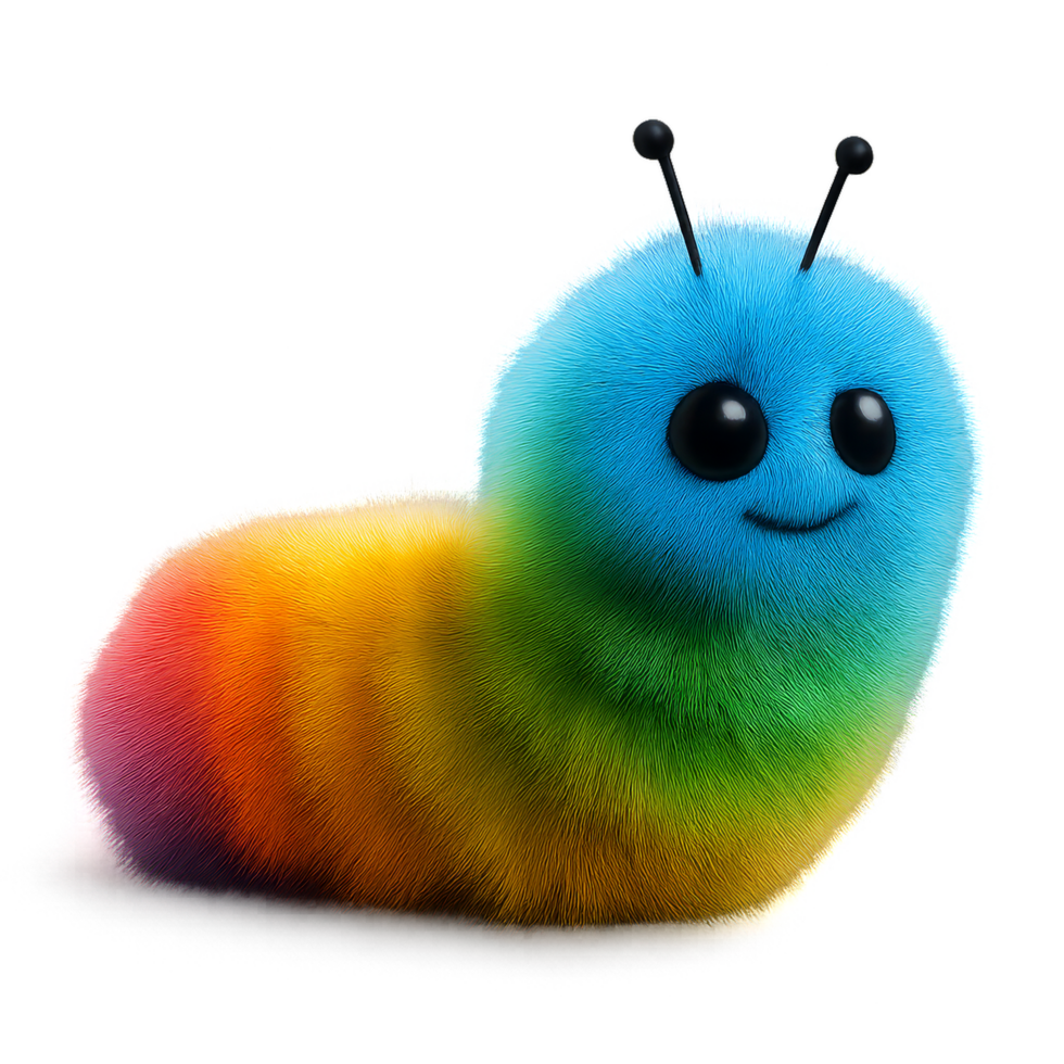Colorful Fuzzy Caterpillar with Rainbow Fur and Cute Expression png