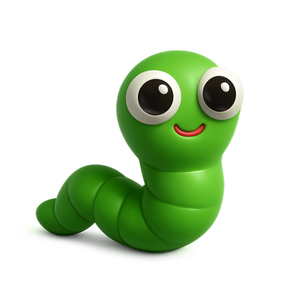 Adorable 3D Green Worm Character with Cute Eyes and Happy Smile png