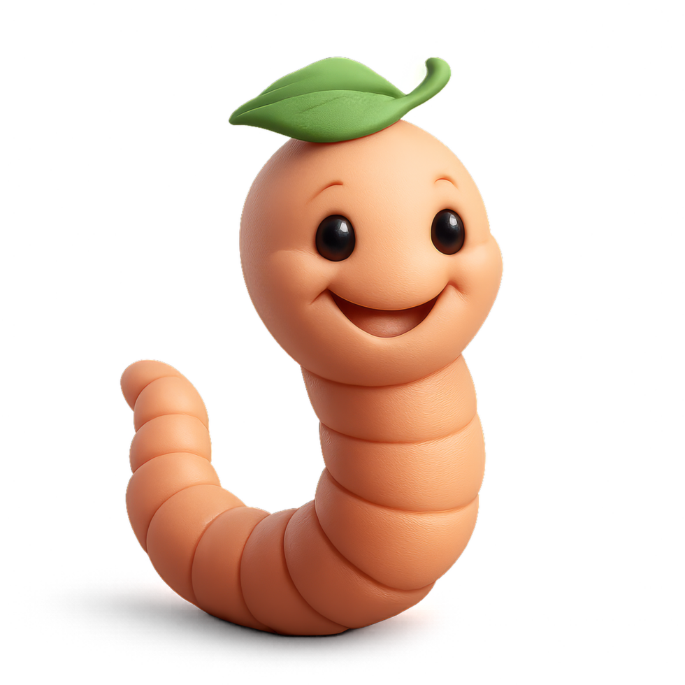 Smiling Cartoon Worm with Leaf Hat in Bright and Cheerful Design png