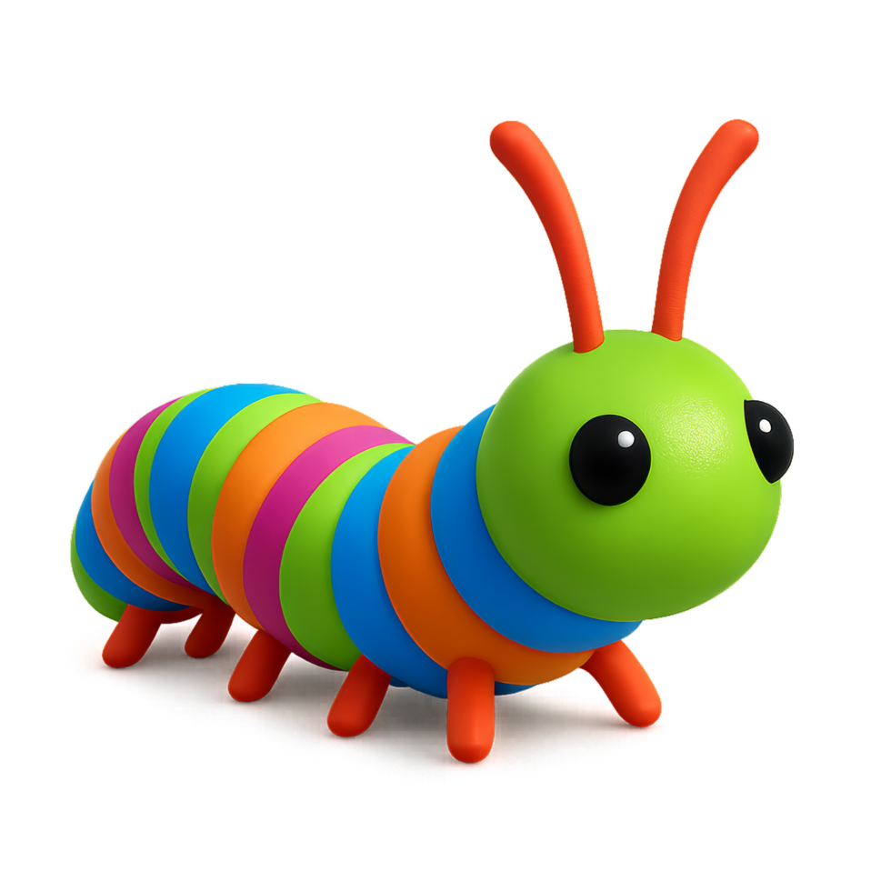 Colorful 3D Caterpillar Toy with Bright Stripes and Big Eyes png