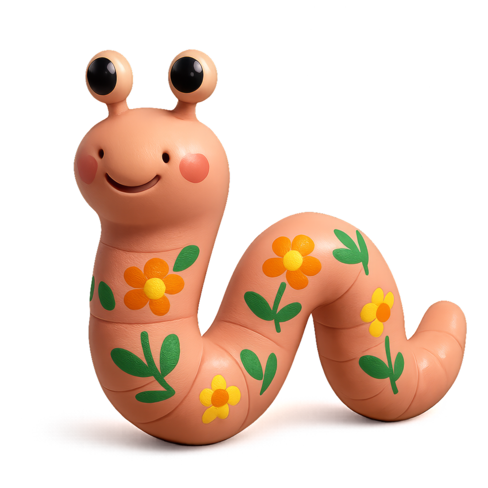 Whimsical Cute Worm Character with Floral Design and Happy Expression png