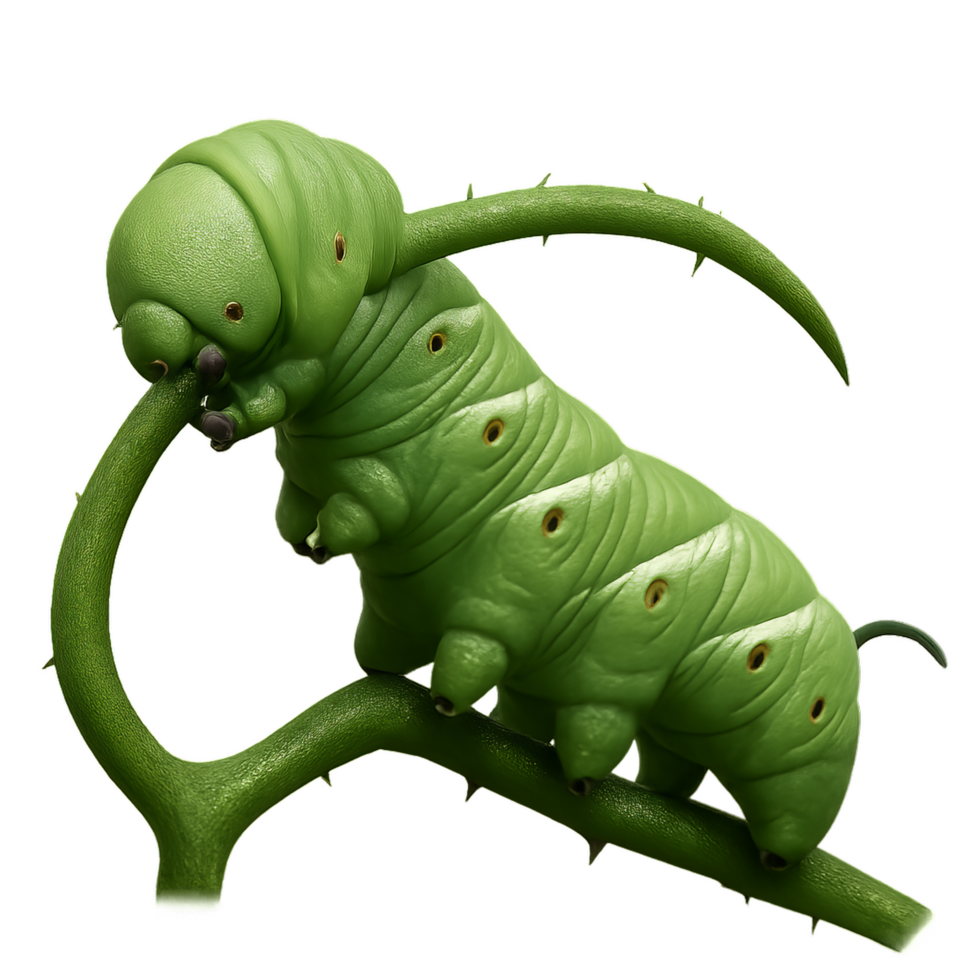 Detailed Close-Up of Hornworm on Tomato Vine Leaf png