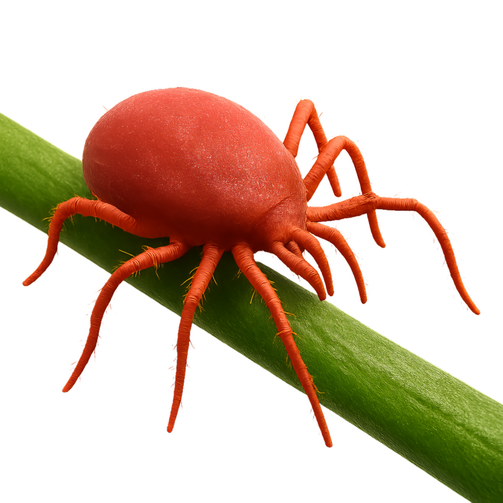 Detailed 3D Render of a Red Spider Mite on a Green Stem png