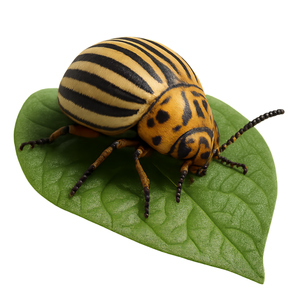 3D Potato Beetle on Green Leaf with Detailed Textures and Colors png
