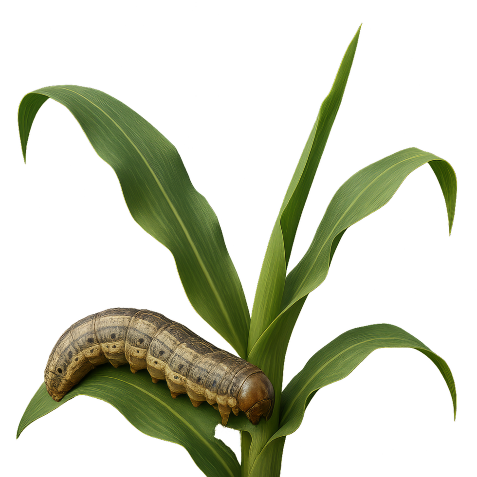 Realistic 3D Armyworm Caterpillar on Corn Plant Leaf png