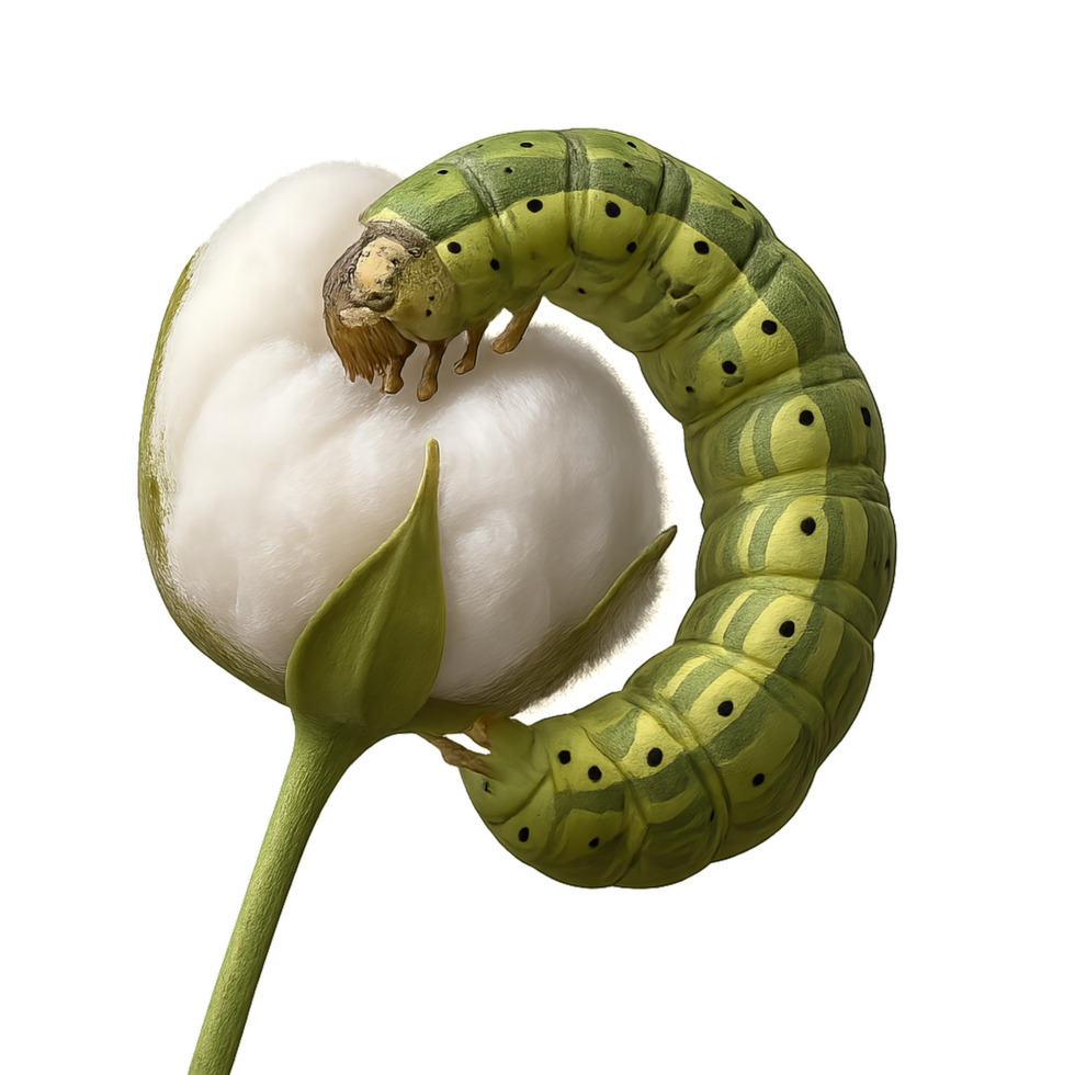 3D Illustration of Cotton Plant with Bollworm Feeding on Flower png