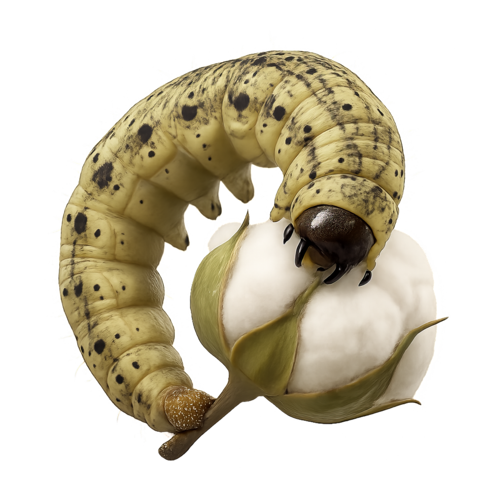 Realistic 3D Illustration of Cotton Bollworm Feeding on Cotton Plant png