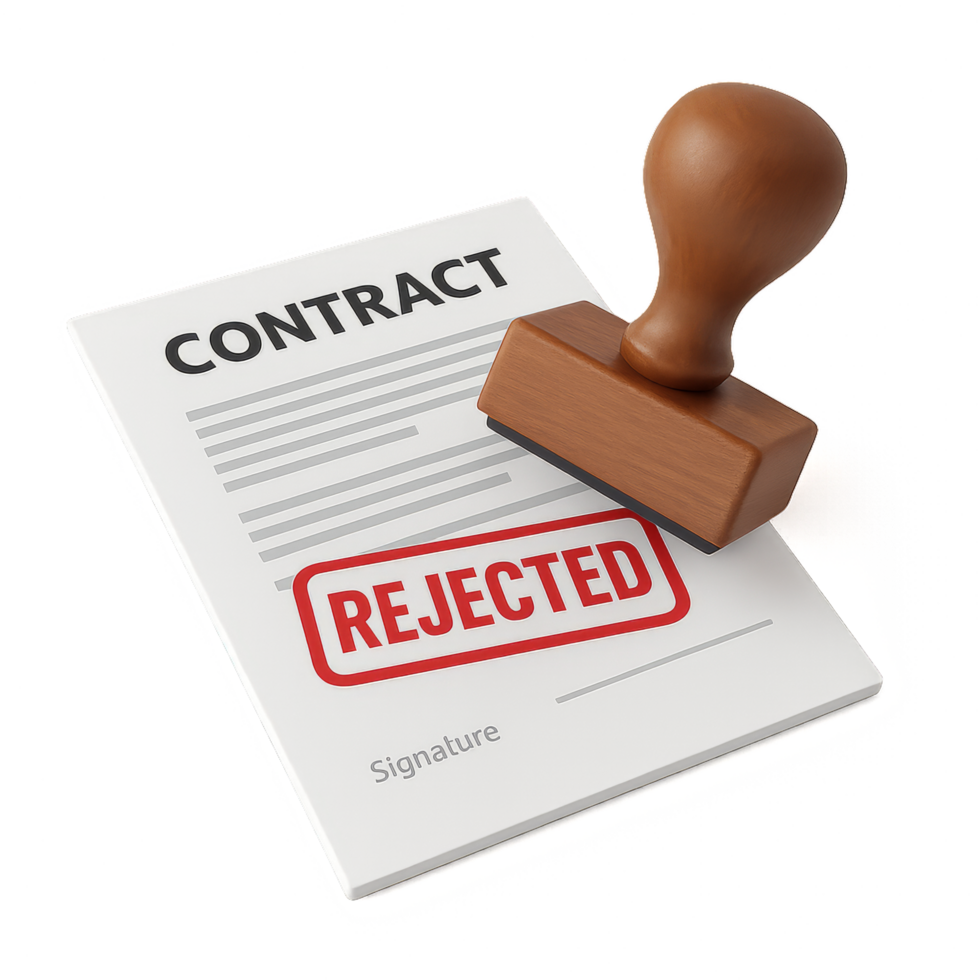 Rejected Contract Document with a Wooden Stamp and Signature Line png