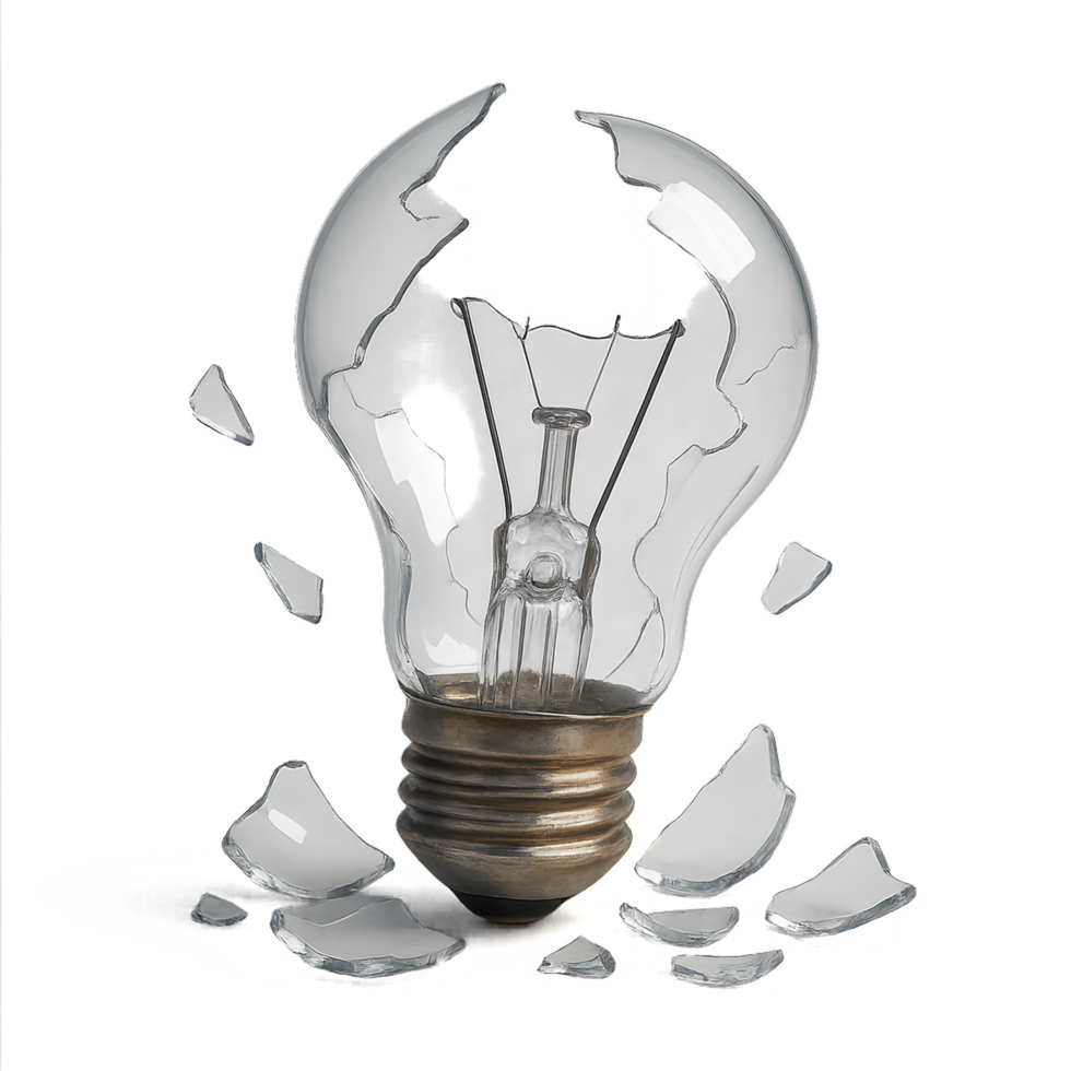 Broken Light Bulb with Shattered Glass Pieces, Creative Ideas Concept png