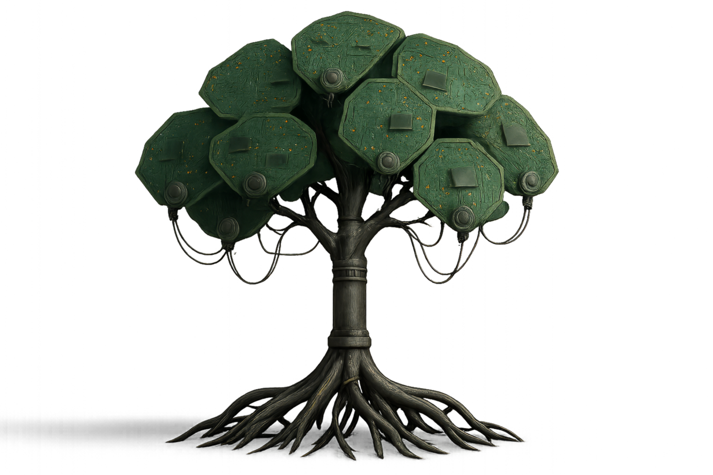 Futuristic Mechanical Tree with Unique Designed Canopy and Roots png