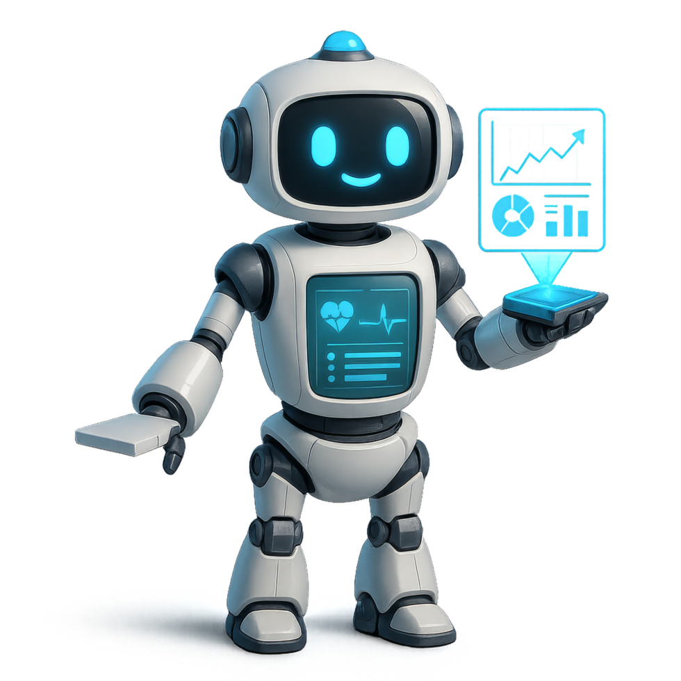 Friendly Futuristic Robot Assistant Holding Smartphone with Data png