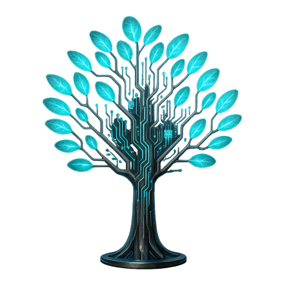 Futuristic Digital Tree Design with Bright Blue Leaves and Circuitry png