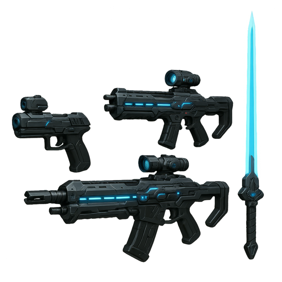 Futuristic Weapons Display Featuring Advanced Sci-Fi Designs png