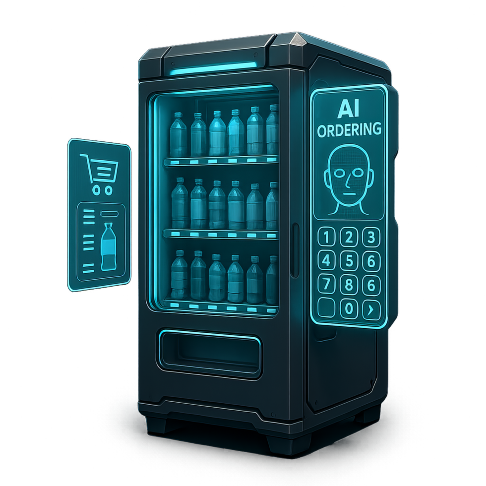 Futuristic AI Vending Machine with Digital Interface and Ordering System png