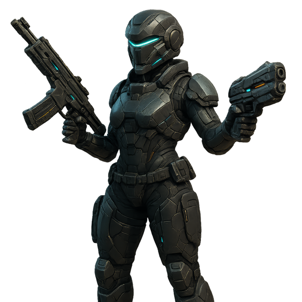 Futuristic Soldier with Advanced Weapons in Sleek Armor Design png