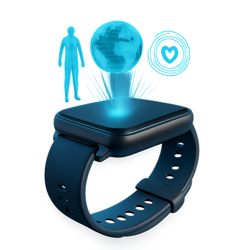 Futuristic Holographic Watch Displaying Health and Location Data png