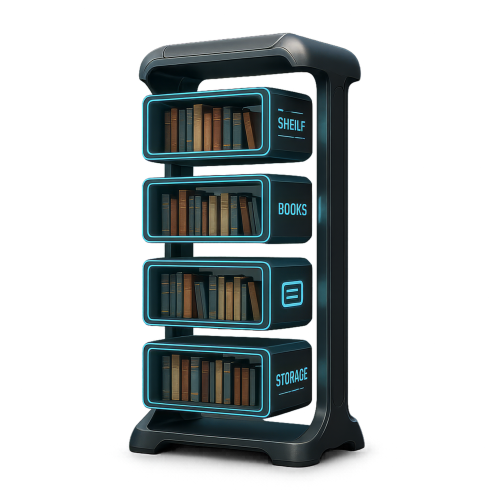 Futuristic Levitating Bookshelf with Elegant Storage Design png