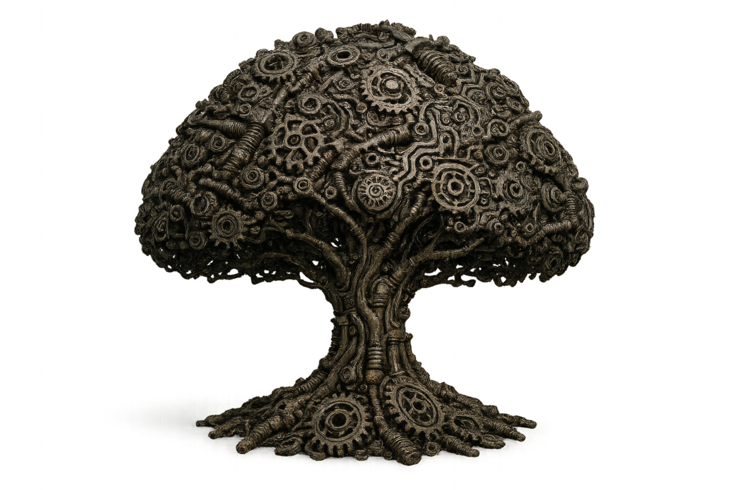 3D Metallic Tree Sculpture with Intricate Gear Design and Texture png