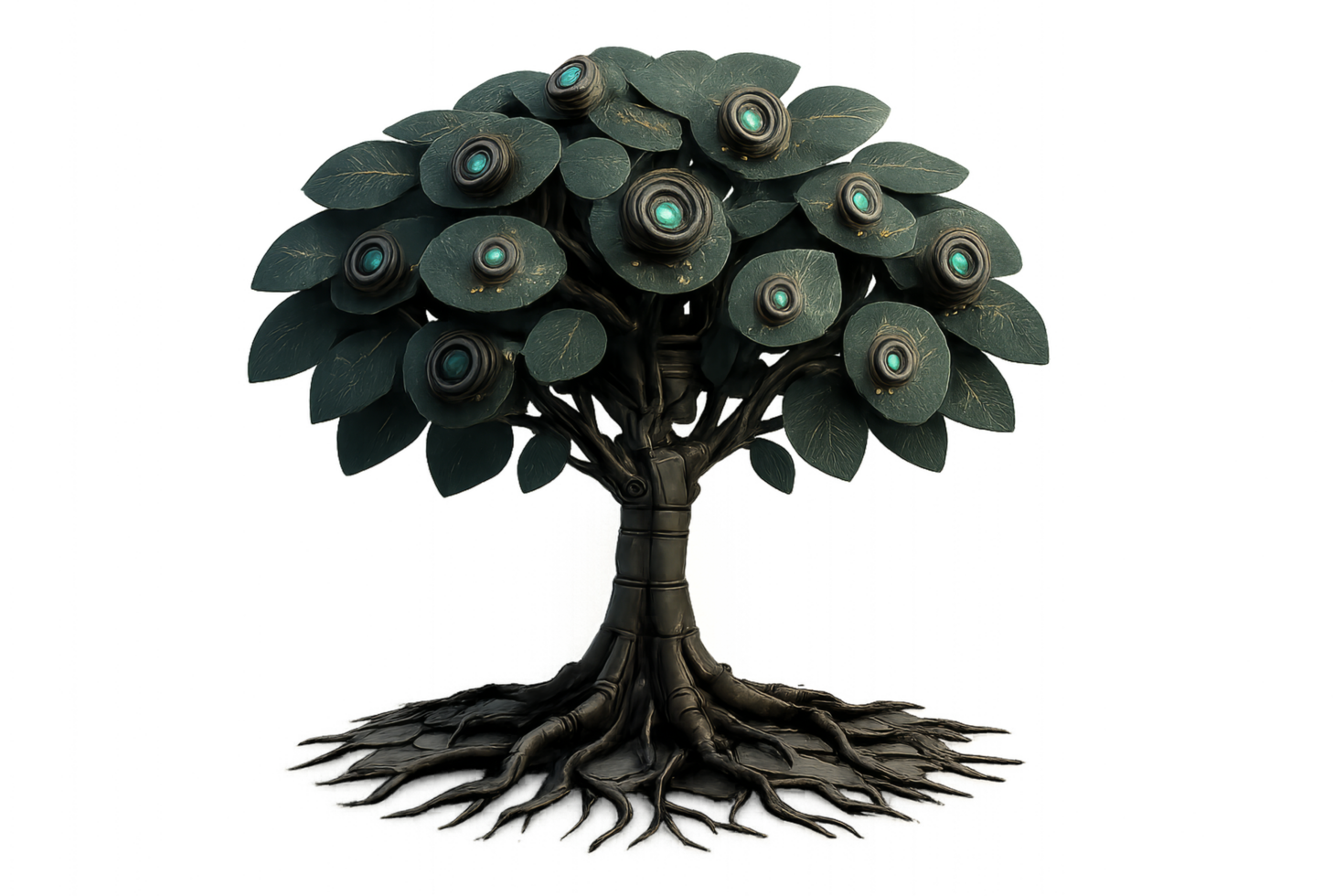 Futuristic Mechanical Tree with Unique Leaf Designs and Roots png