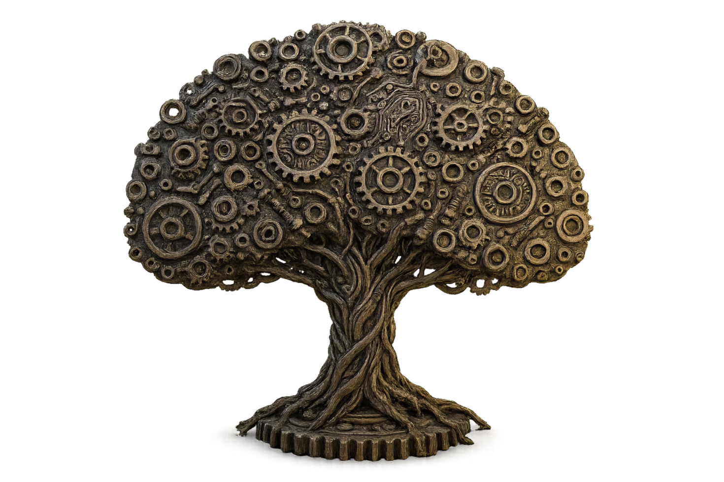 3D Metallic Tree Design with Gears and Intricate Texture Elements png