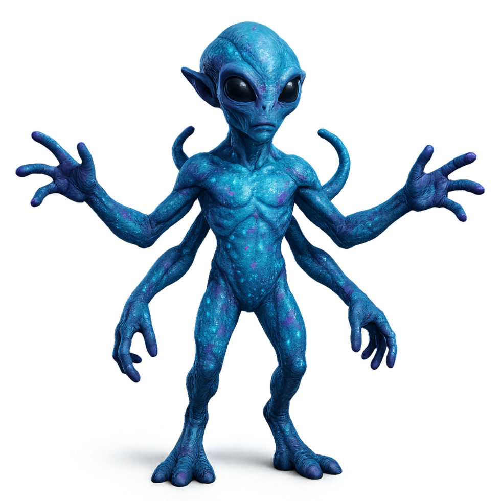 Glowing Bioluminescent Alien Creature with Multiple Arms and Features png
