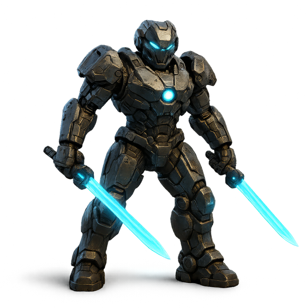 Futuristic Robot Warrior Armed with Blue Energy Swords png