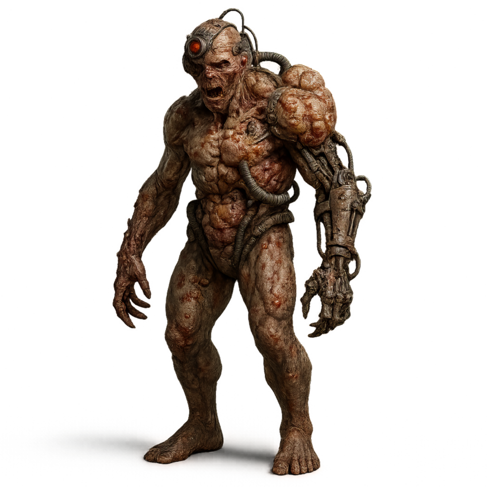 Cybernetic Mutant Figure in Futuristic and Disturbing Design png