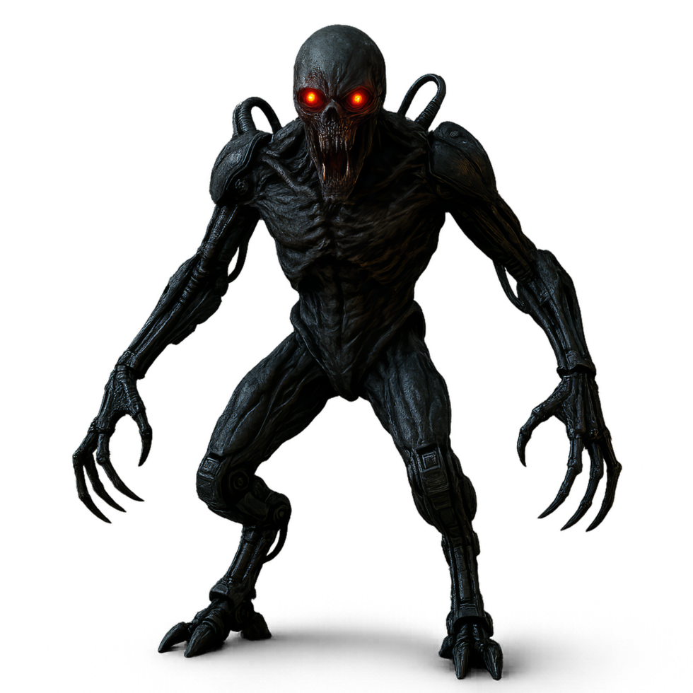 Biomechanical Horror Creature in Dark Atmosphere with Glowing Eyes png