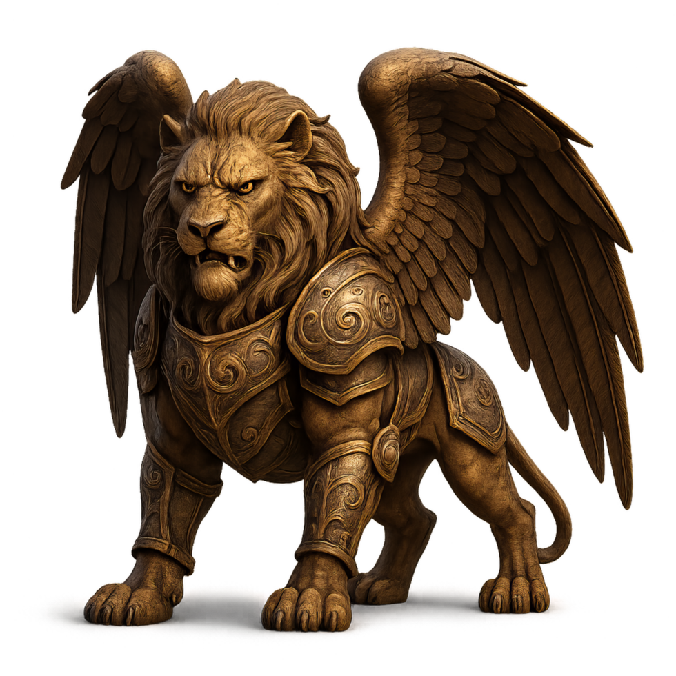 Winged Lion Guardian Sculpture in Majestic Pose for Artwork png