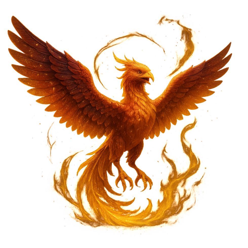 Majestic Phoenix Rising with Golden Flames in Ethereal Glow png
