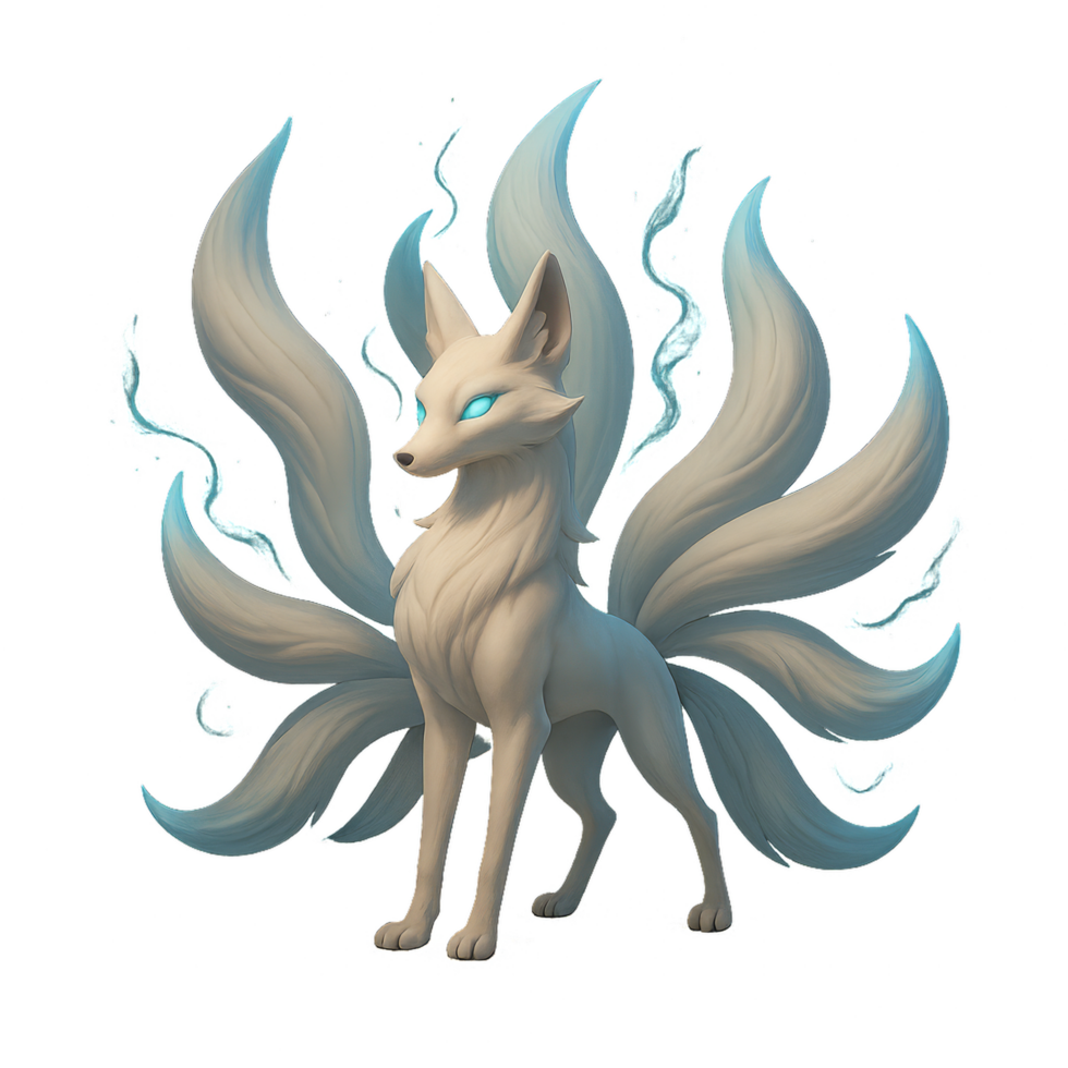 Enigmatic Nine Tailed Fox Spirit in Whimsical Digital Art Style png